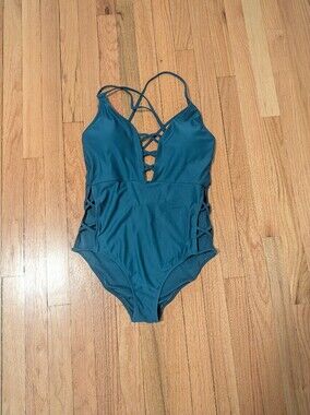Jessica Simpson Teal One-Piece Swimsuit with Lattice Strap Detail
